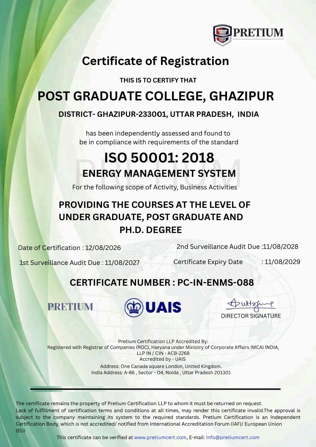 ISO 50001:2018 Energy Management System Certificate